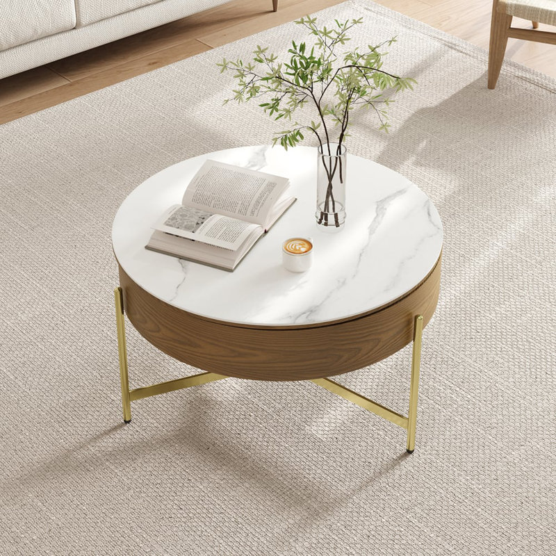 Round Lift Top White Walnut Coffee Table With Storage White Walnut